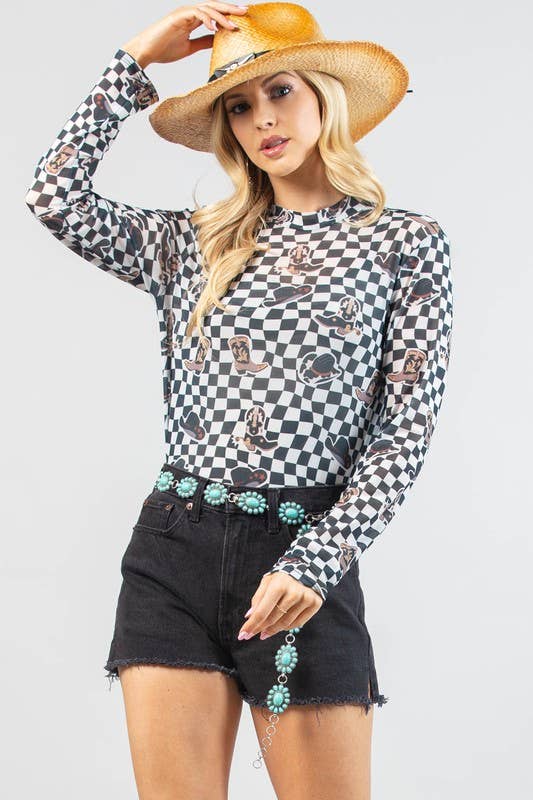 AV1230-VALERIE WESTERN PRINT CHECKERS PRINT MESH TOP