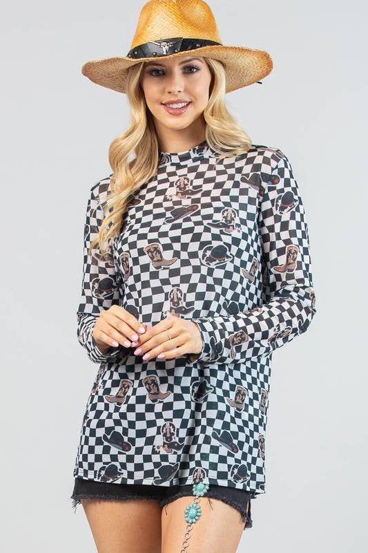 AV1230-VALERIE WESTERN PRINT CHECKERS PRINT MESH TOP