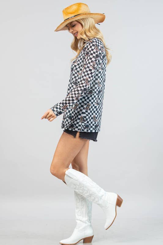 AV1230-VALERIE WESTERN PRINT CHECKERS PRINT MESH TOP
