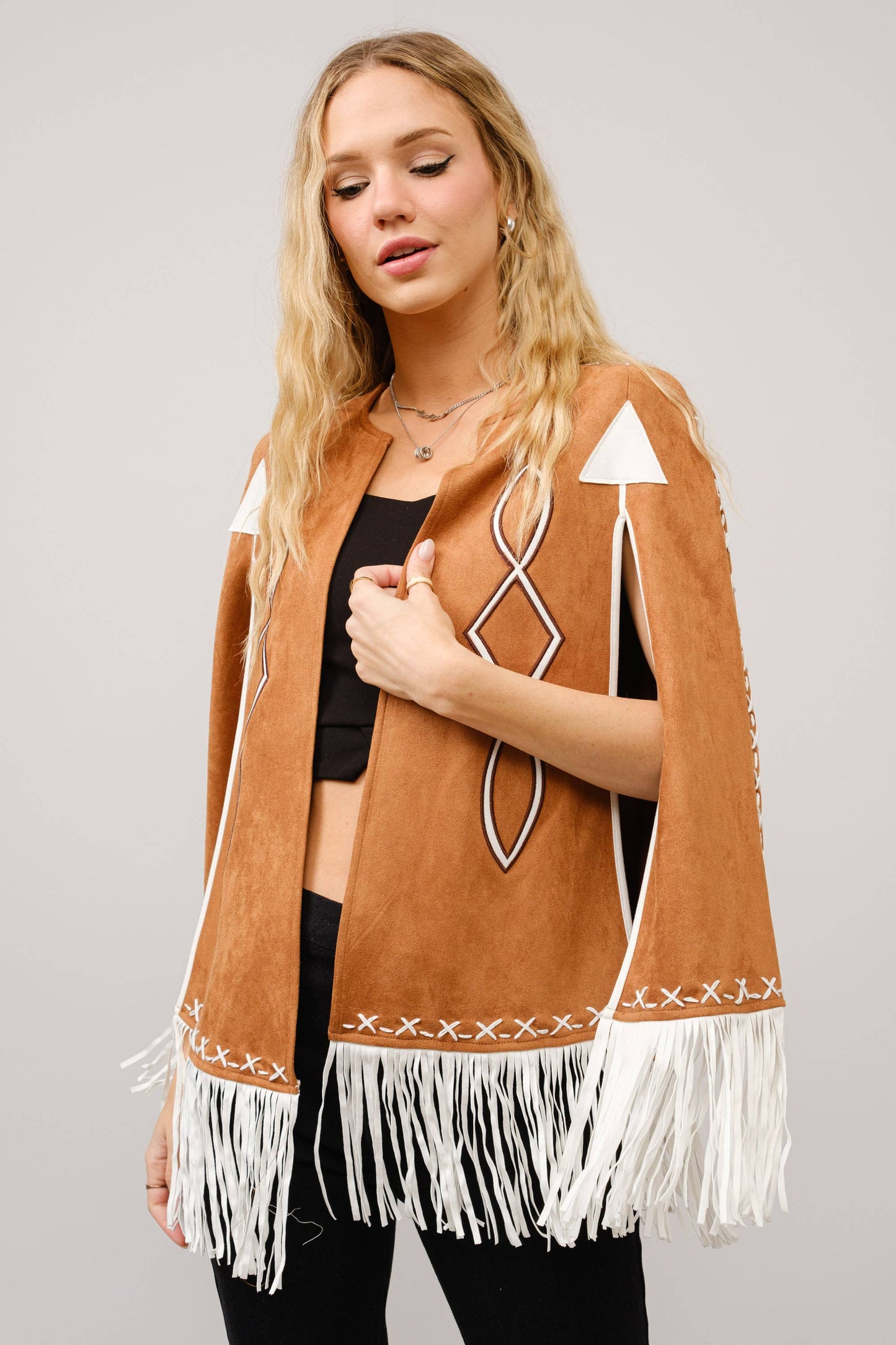 36306J - Fringe Detail Open Cape Jacket