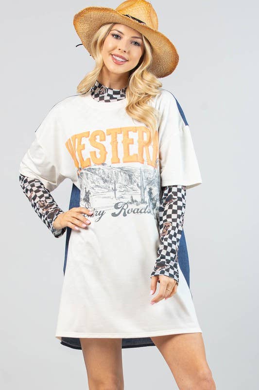AV1230-VALERIE WESTERN PRINT CHECKERS PRINT MESH TOP