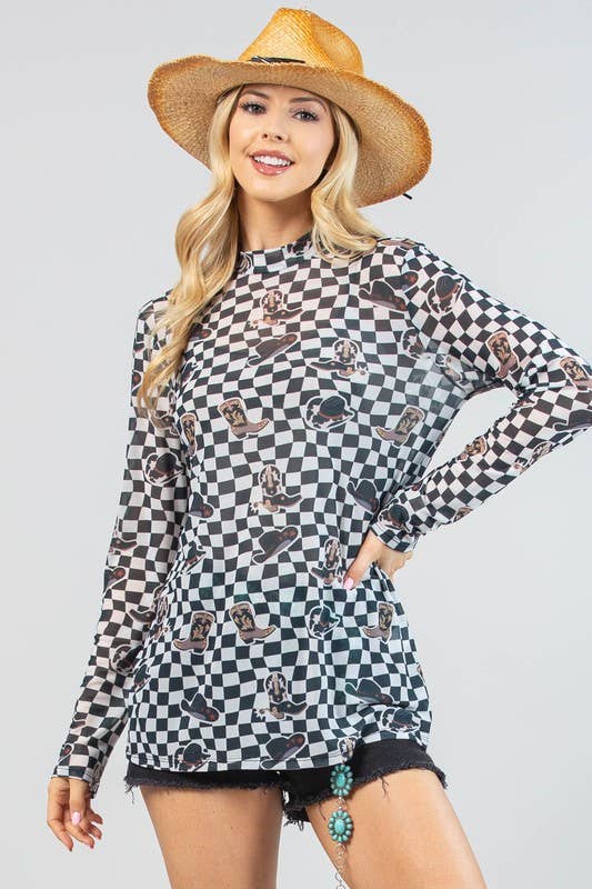 AV1230-VALERIE WESTERN PRINT CHECKERS PRINT MESH TOP