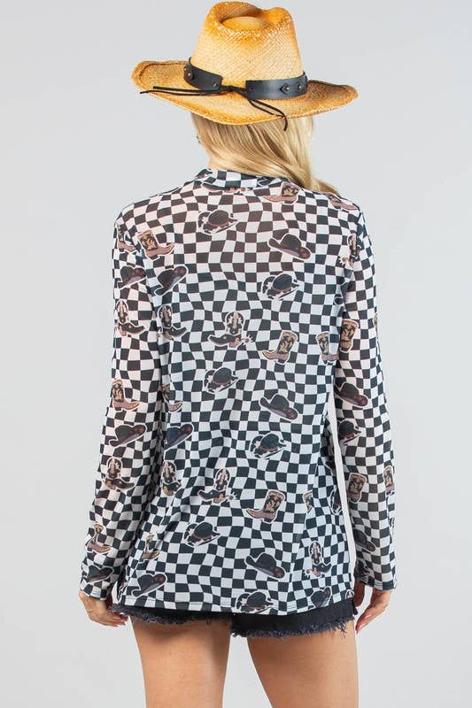 AV1230-VALERIE WESTERN PRINT CHECKERS PRINT MESH TOP
