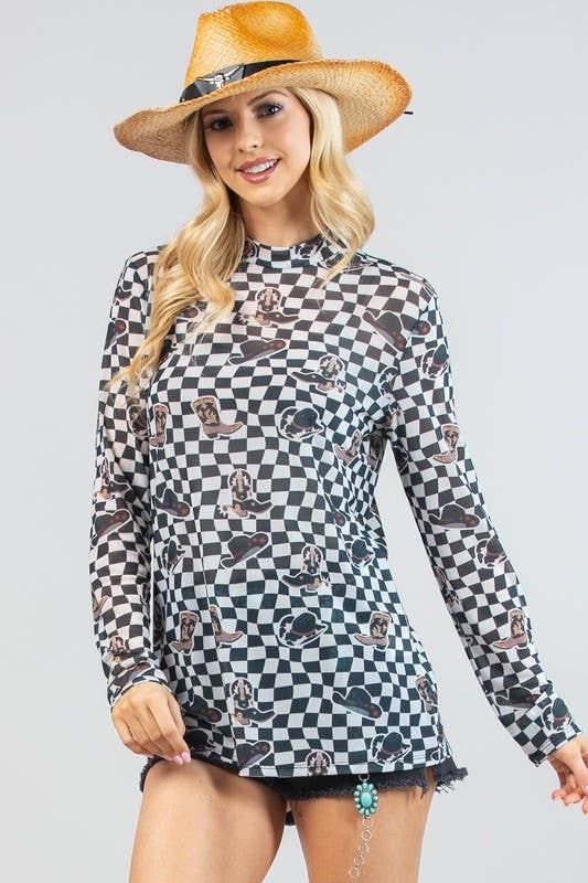 AV1230-VALERIE WESTERN PRINT CHECKERS PRINT MESH TOP