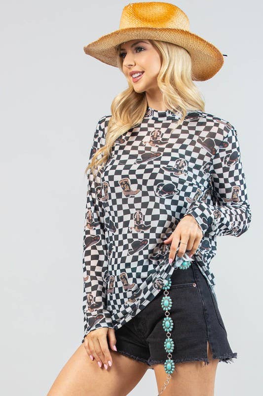 AV1230-VALERIE WESTERN PRINT CHECKERS PRINT MESH TOP