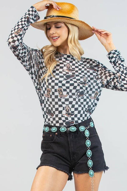 AV1230-VALERIE WESTERN PRINT CHECKERS PRINT MESH TOP